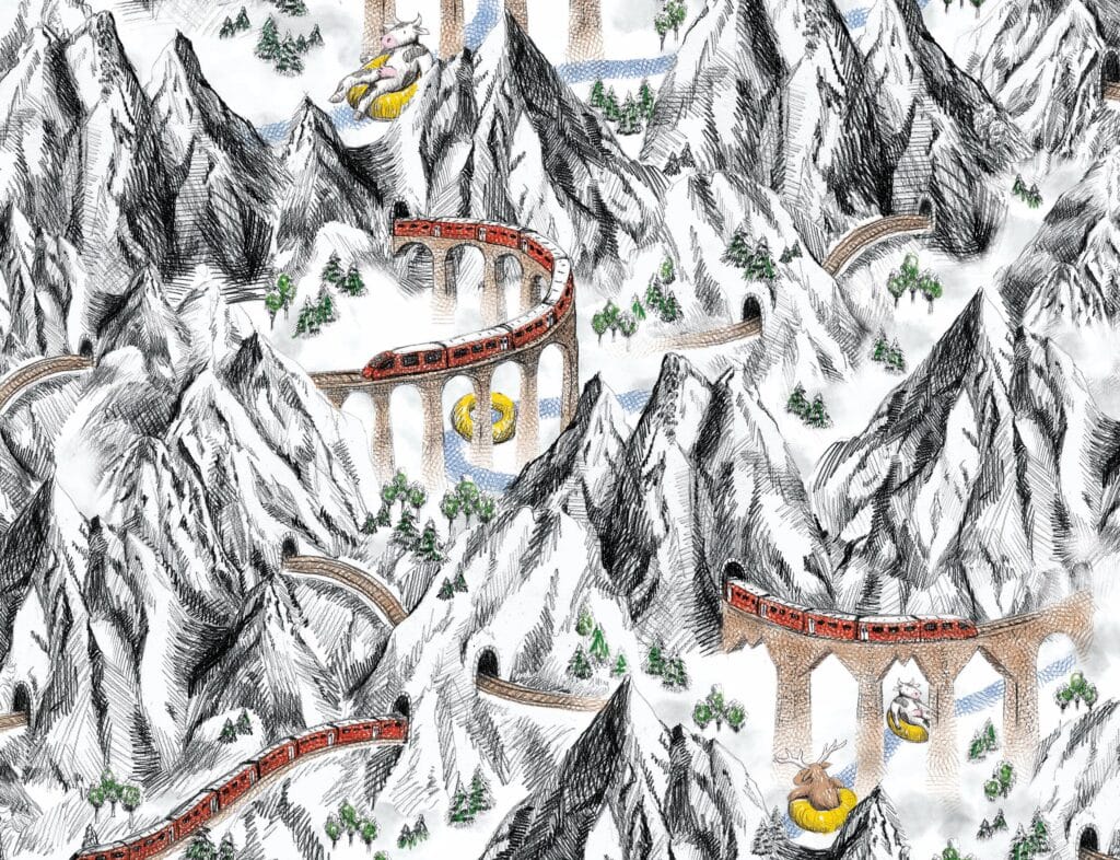 design textile rideau et papier peint sur-mesure pour mama shelter zürich en suisse, crayonné avec des trains et des montagnes, design baptiste vandaele