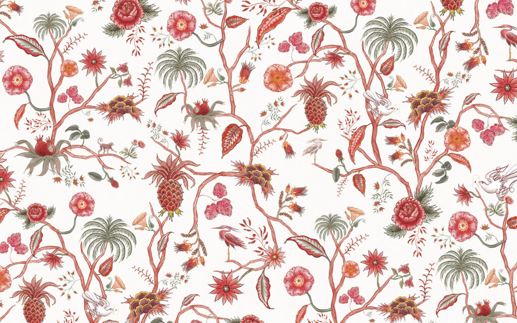 papier peint cotonnade indienne inspiration Marie-Antoinette et Toile de Jouy, design textile créé pour hôtel mariott renaissance paris vendôme, design graphique baptiste vandaele