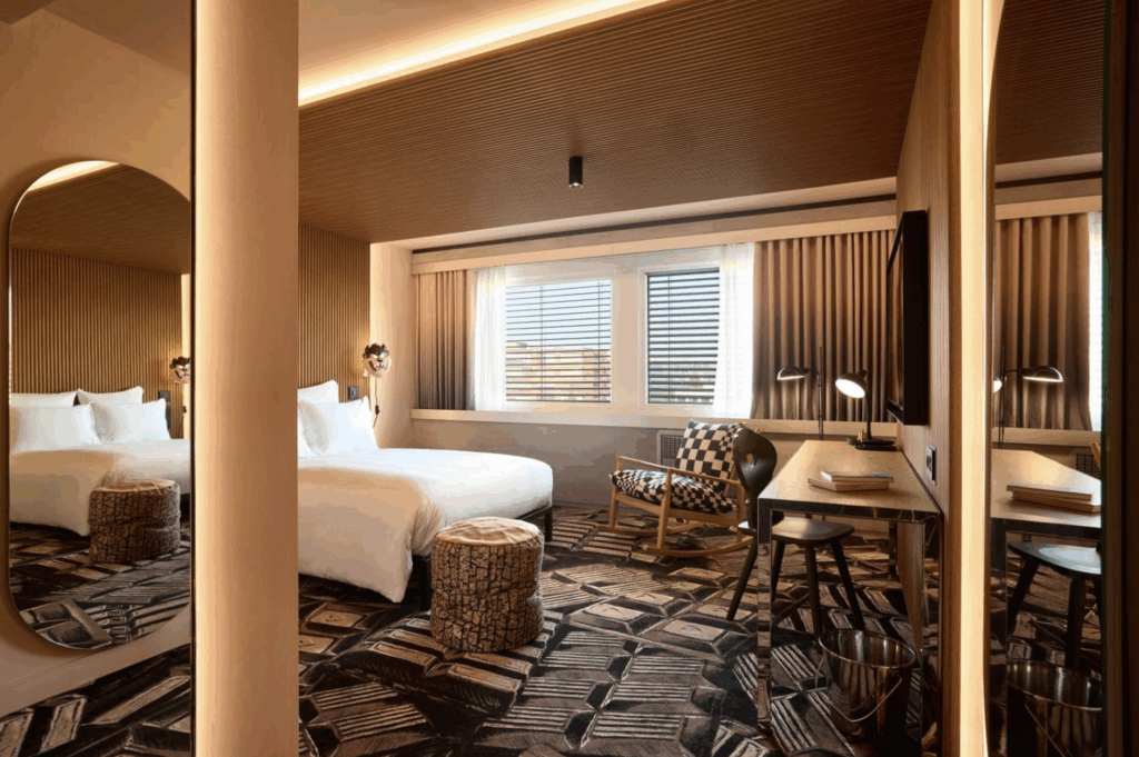 moquette imprimée sur-mesure pour les chambres de l'hôtel Mama Shelter Zürich, représentant des tablettes de chocolat, design baptiste vandaele