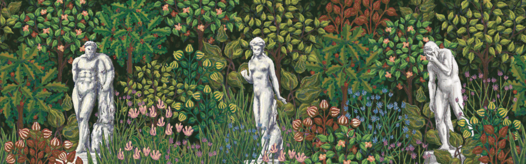 papier peint panoramique Tuilleries avec végétation luxuriante et statues en marbres, pour Mama Shelter et Accor, design graphique baptiste vandaele